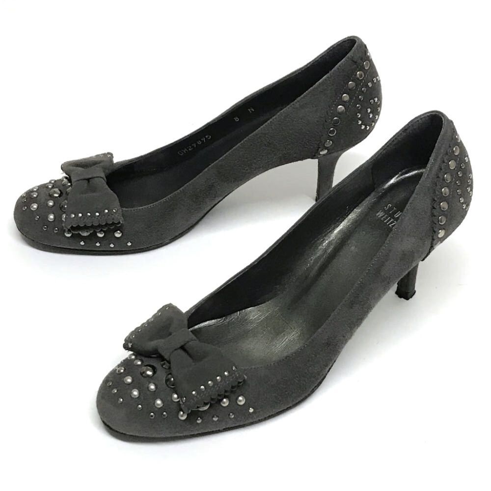 STUART WEITZMAN Gray Suede Leather Studded Pumps Heels with Bows 8N Y2K